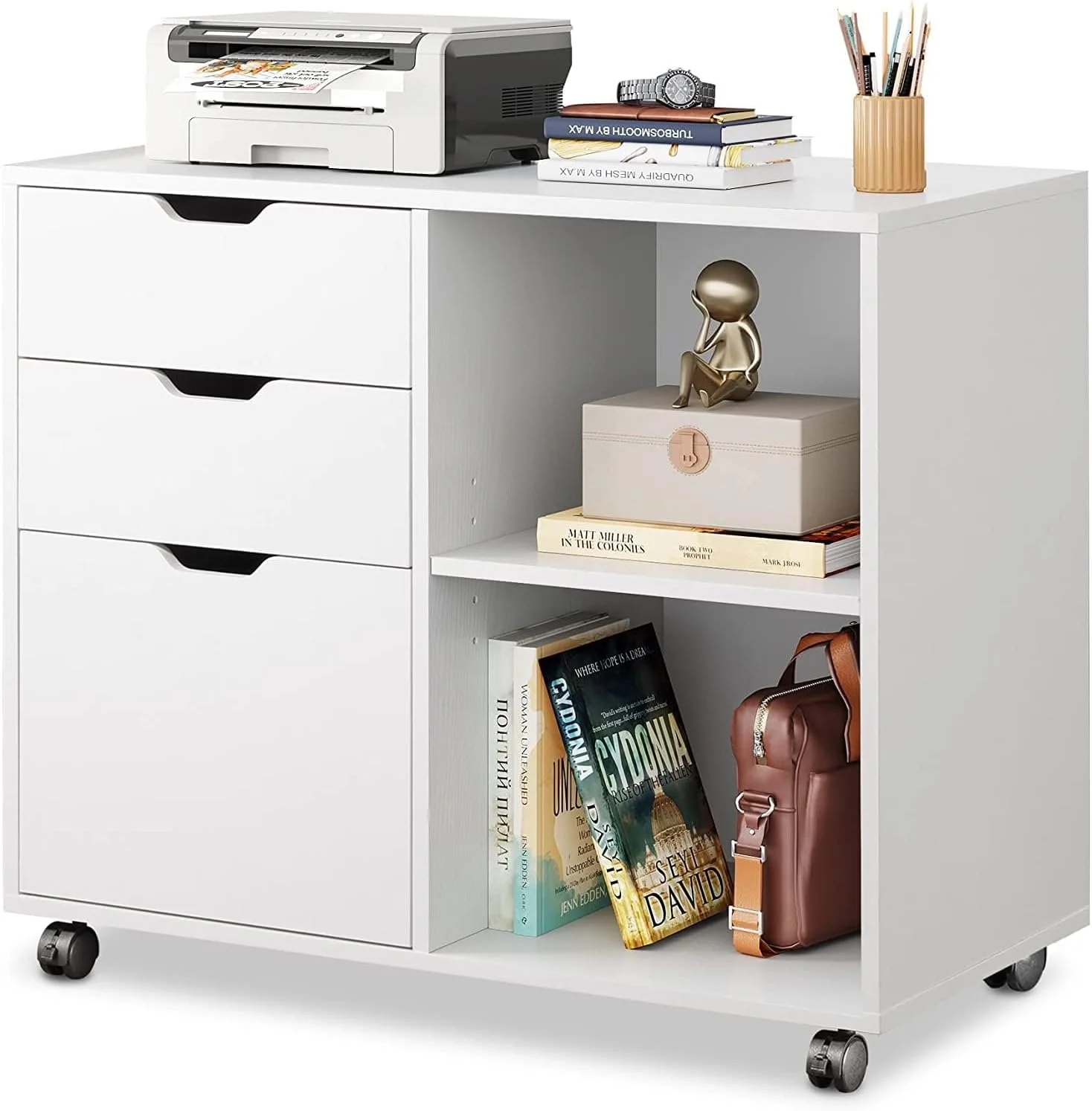 White 3-Drawer Mobile Wood File Cabinet with Open Shelves