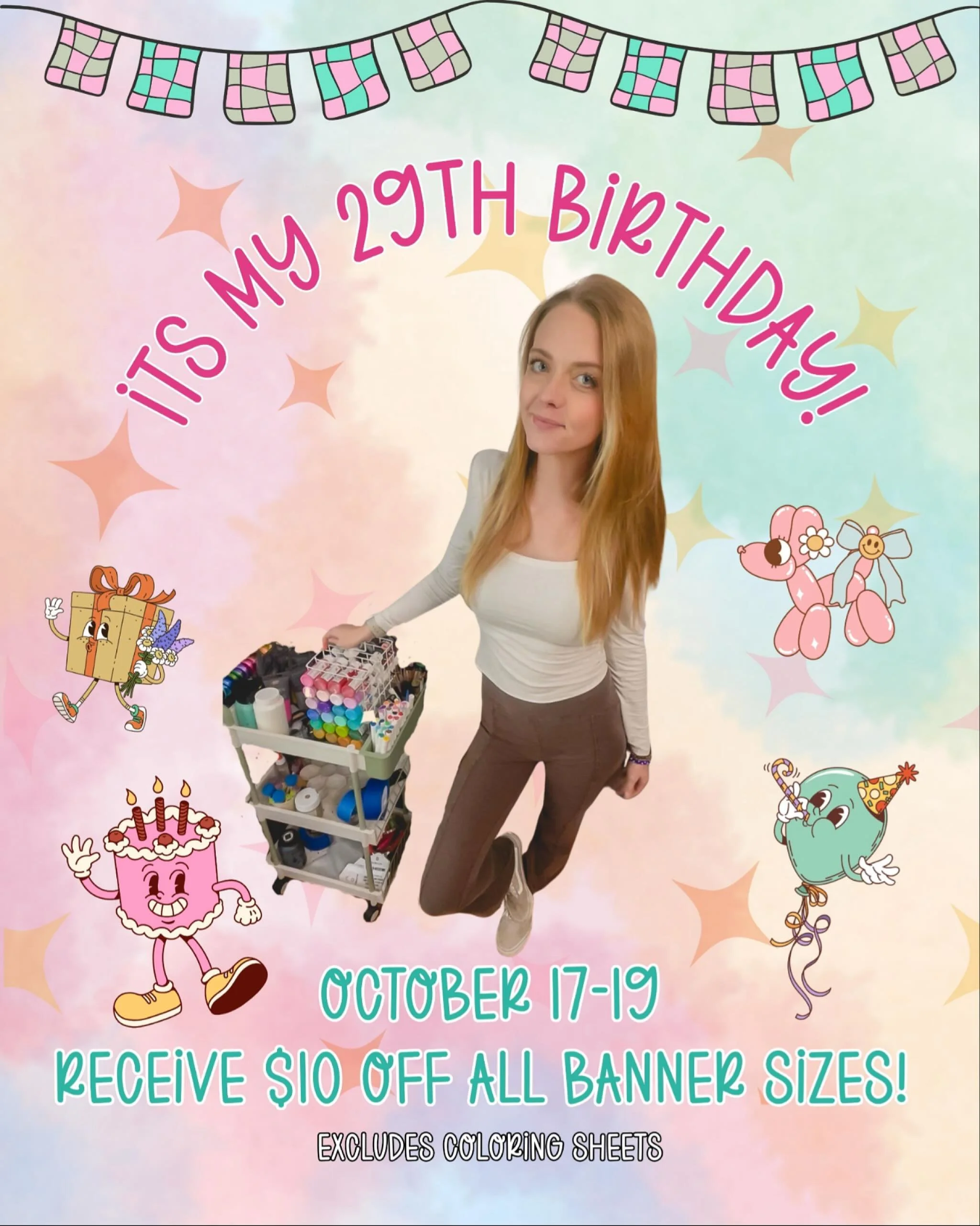 🎉 It&rsquo;s my 29th birthday, y&rsquo;all!! 🥳
And because I&rsquo;m feeling extra grateful (and maybe a lil&rsquo; dramatic about being almost 30 😅), I&rsquo;m giving YOU $10 off all banner sizes through Sunday!

✨ OCT 17&ndash;19 ONLY
🎨 Exclude