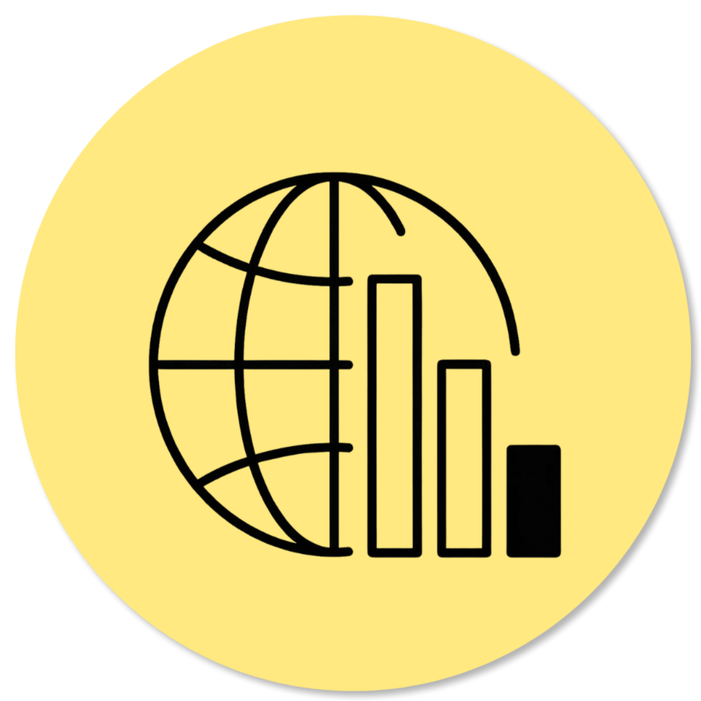 A yellow circular badge with black outline of a globe and bar chart showing declining bars.