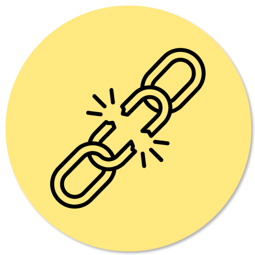 A black outline of a broken chain link on a yellow circular background.