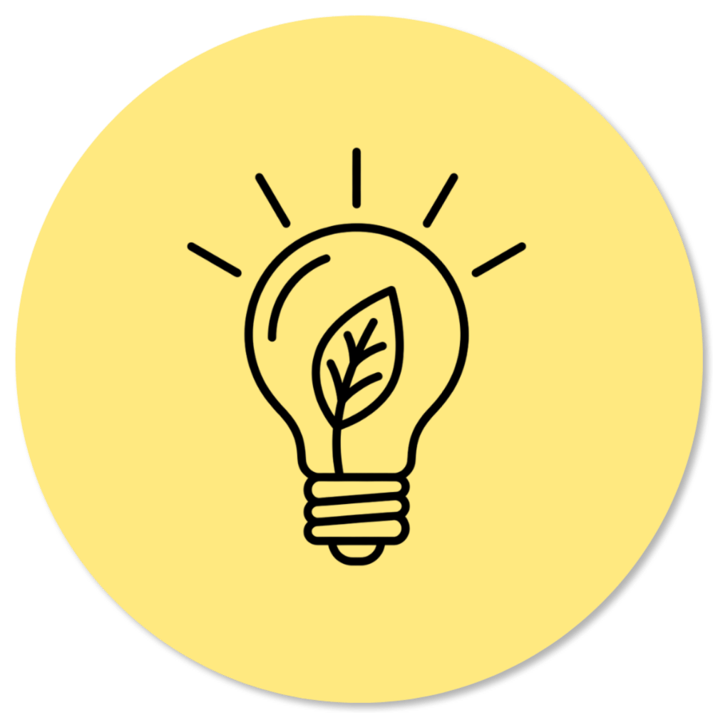 A yellow circular background with a black outline drawing of a light bulb containing a leaf, symbolizing eco-friendly or green energy.