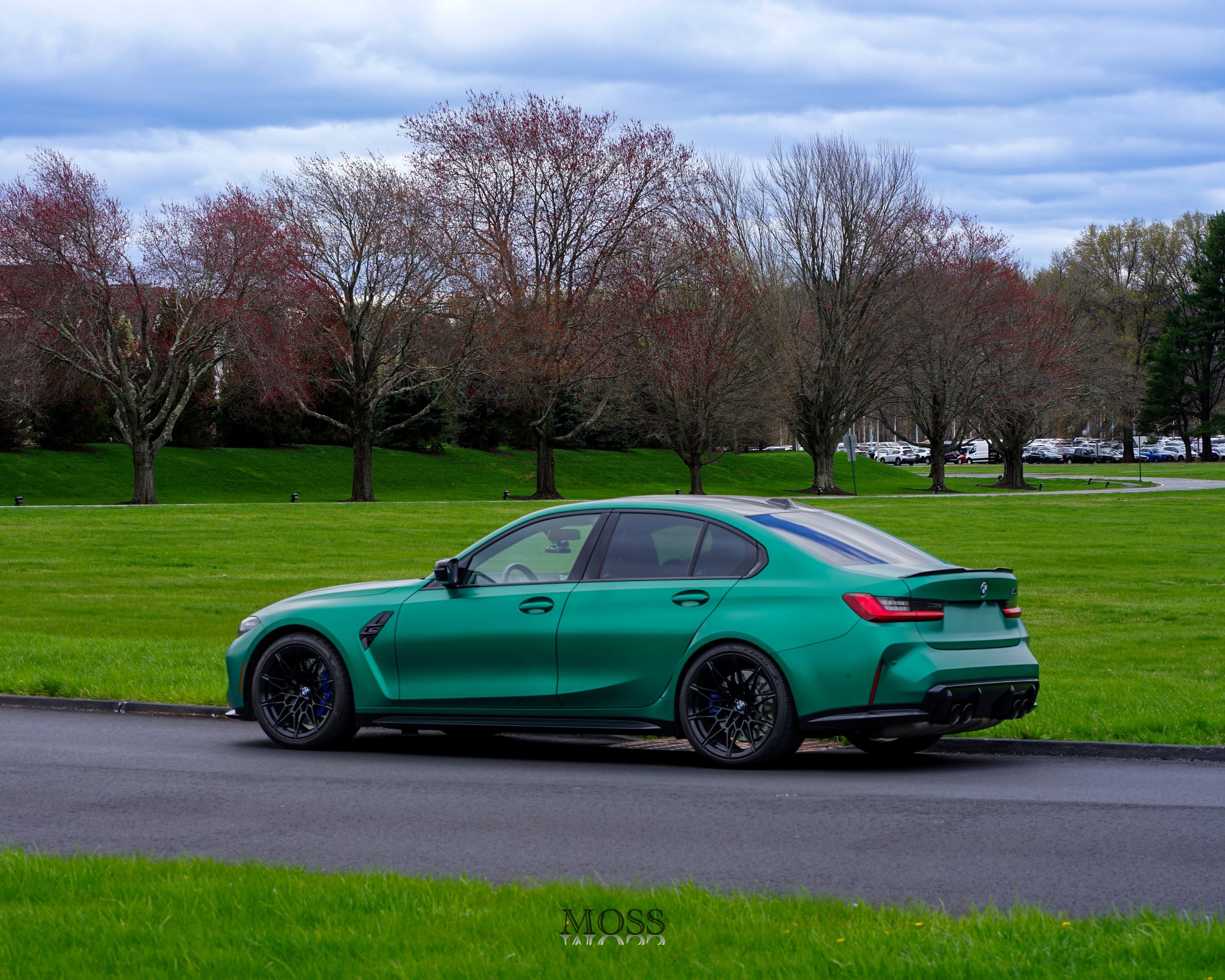 A green sports sedan parked on a paved road beside a grassy field with leafless trees and an overcast sky in the background.
