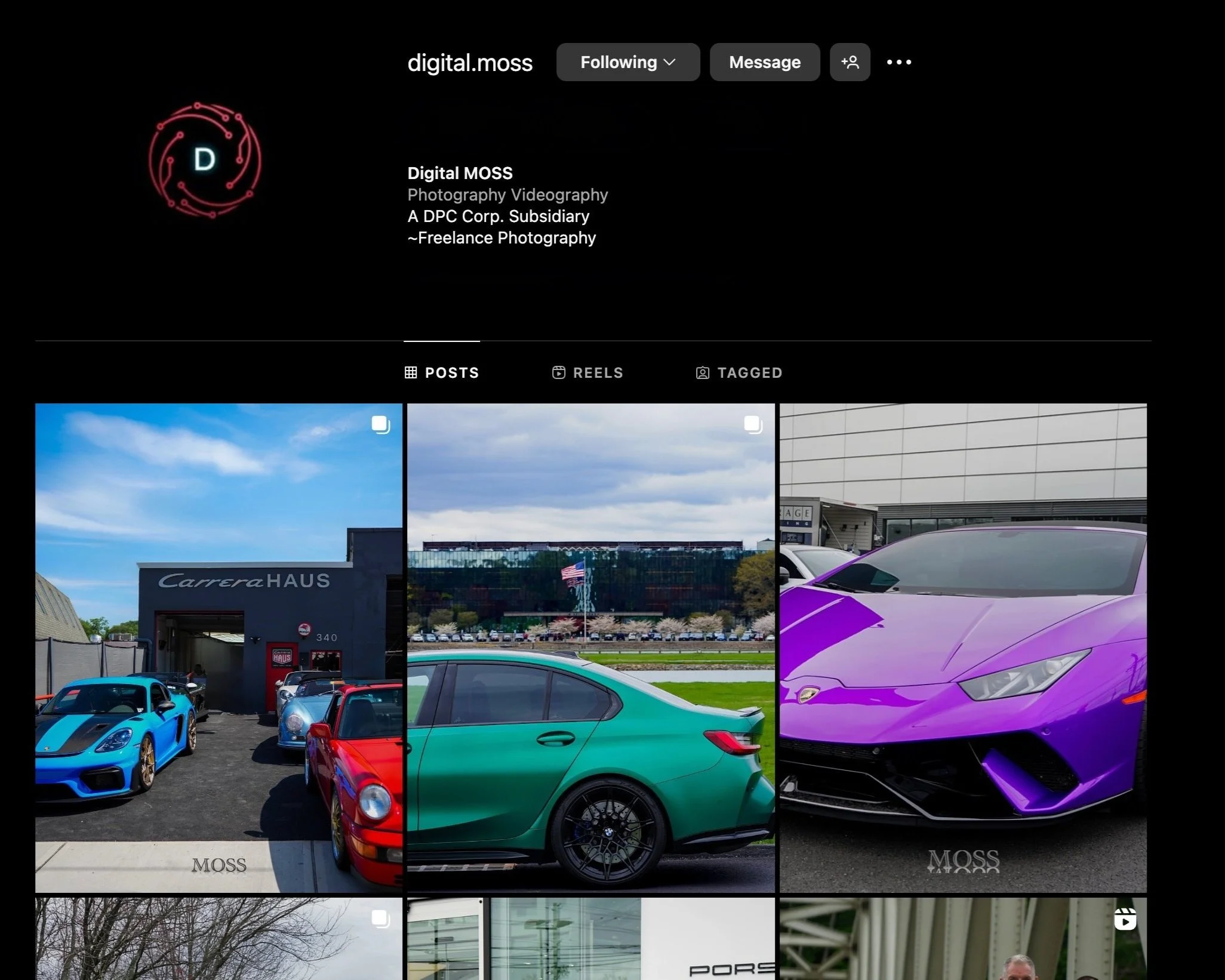 Instagram profile page for Digital MOSS featuring images of colorful sports cars, including a blue convertible, a green coupe, and a purple Lamborghini, parked outside a building with a black background and profile information about photography and videography services.
