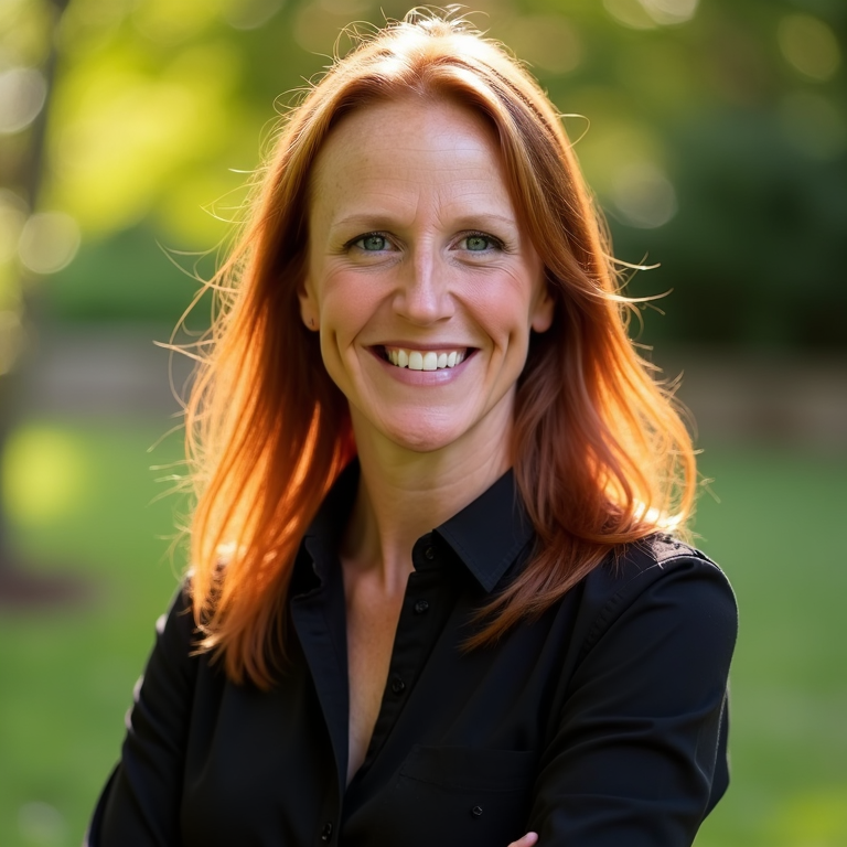 A woman with red hair and blue eyes smiling outdoors with a blurred green background.