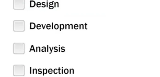 A checklist with the options: Design, Development, Analysis, Inspection, each with an empty checkbox.