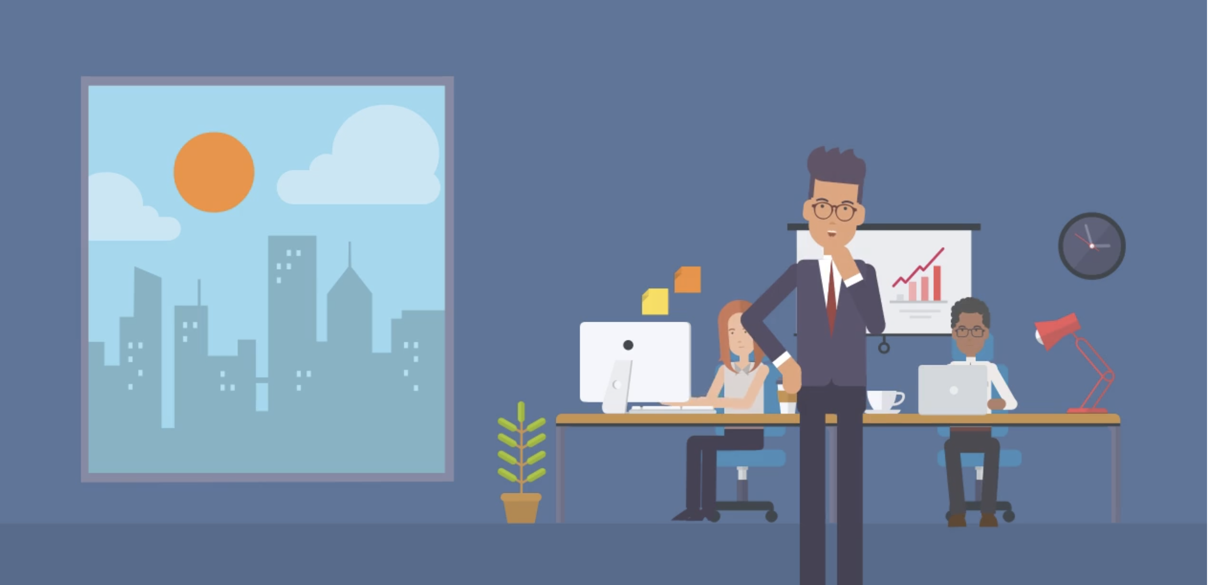 Animated illustration of an office with three people working at desks and a person standing. The office has a large window showing a city skyline and a bright sun. A presentation screen with a growth chart is on the wall, and there are indoor plants, a clock, a desk lamp, and a coffee cup in the room.