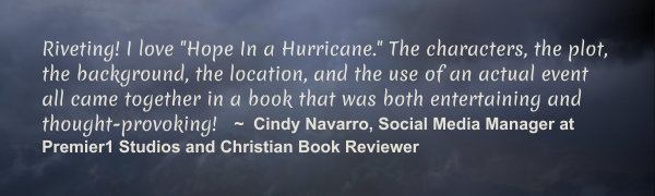 White text on a dark, stormy sky background praising the book "Hope in a Hurricane" by Cindy Navarro, shared by Cindy Navarro, Social Media Manager at Premier1 Studios and Christian Book Reviewer.