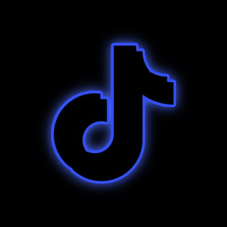 Neon blue TikTok logo on a black background.