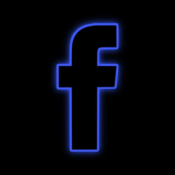 Neon blue outline of the Facebook logo against a black background.