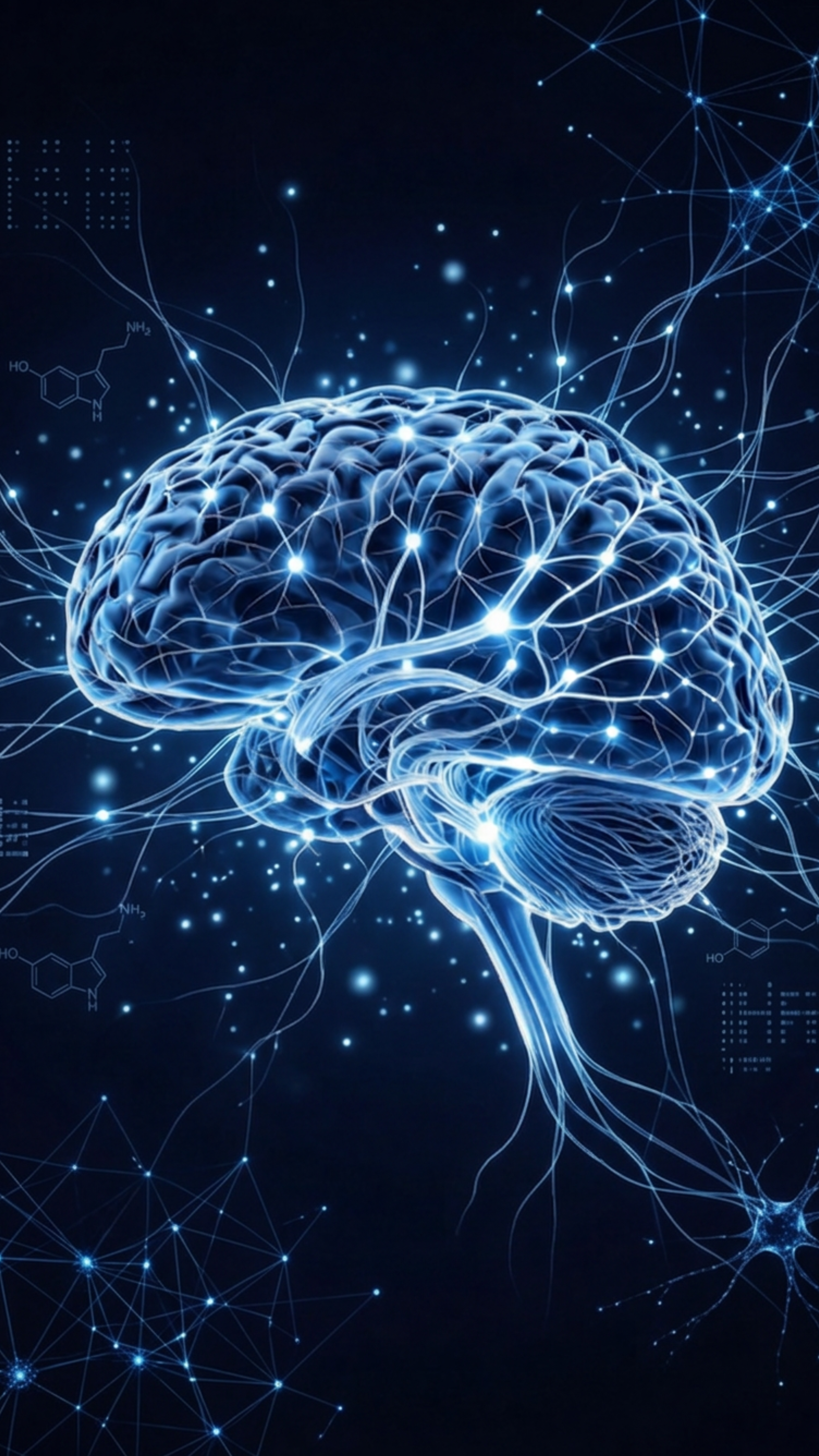 Digital illustration of a human brain with neon blue neural connections and glowing points, set against a dark background, representing artificial intelligence or neuroscience.