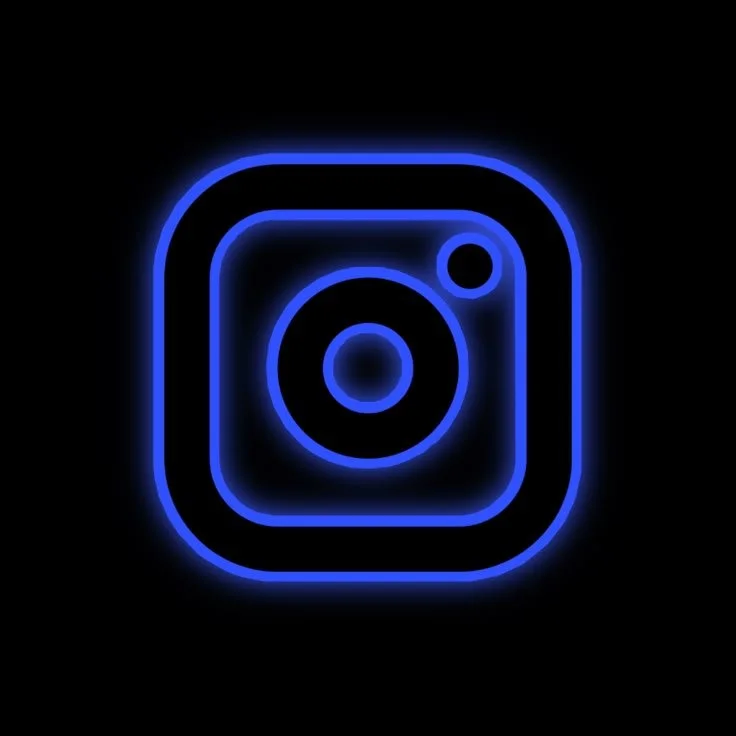 Blue neon Instagram logo on black background.