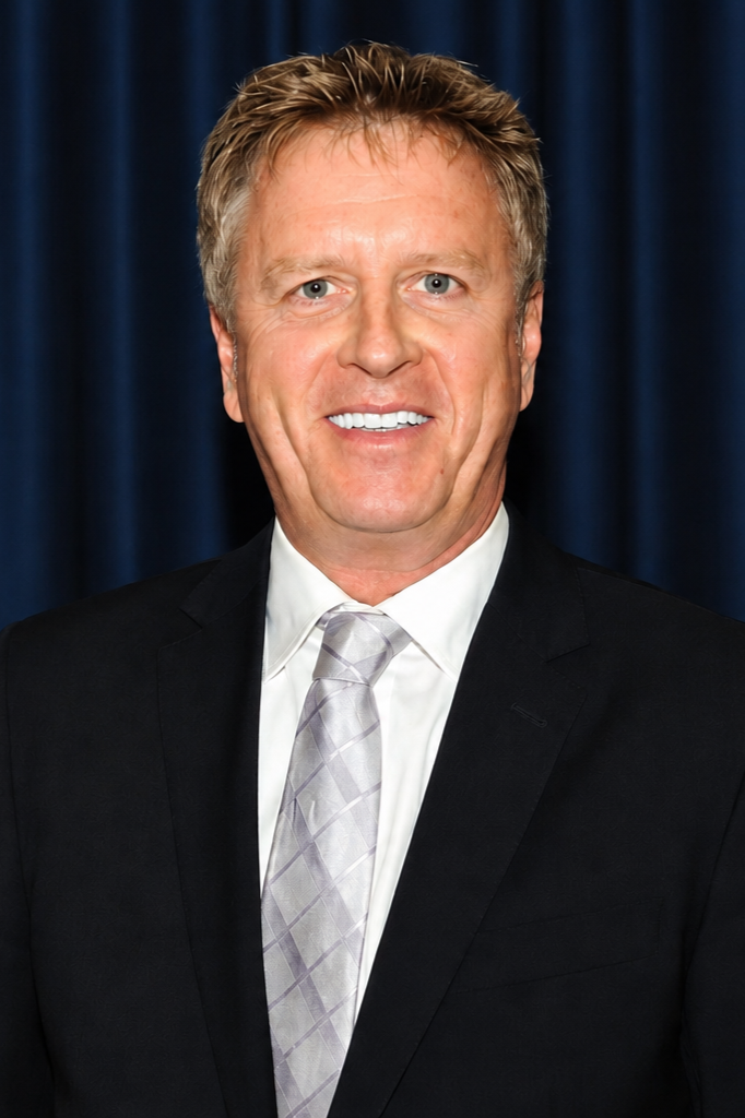 Headshot of a middle-aged man with light-colored hair, wearing a black suit, white shirt, and silver patterned tie, standing in front of a dark blue curtain.
