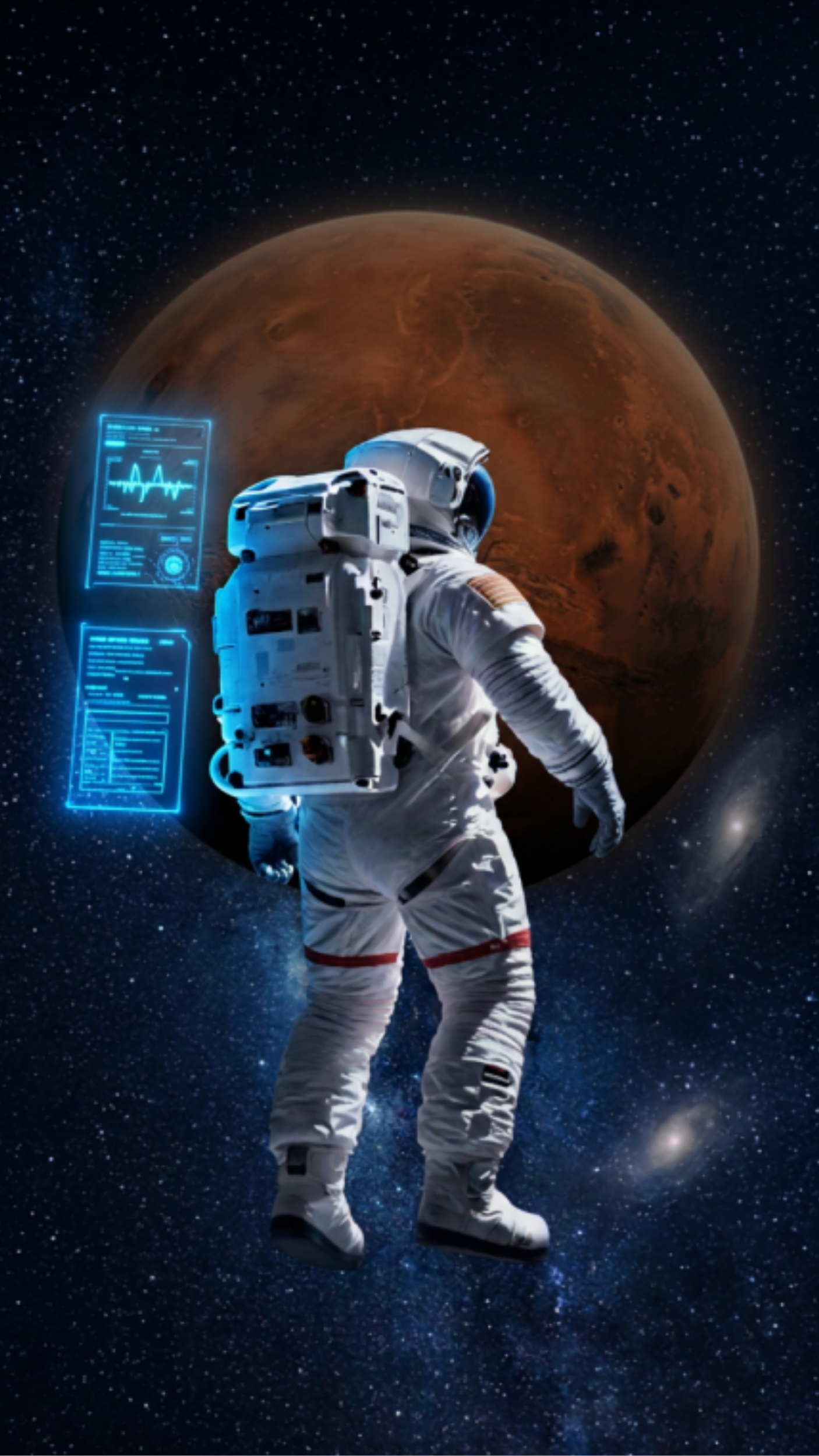 Astronaut in space near planet Mars with digital interface holograms.