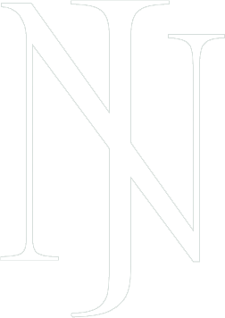 Close-up of a logo with overlapping large white initials 'N' and 'J' on a muted green background.