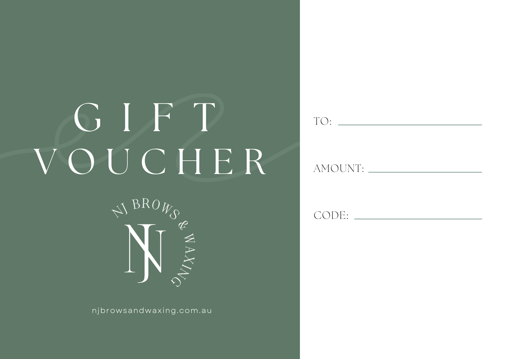 Gift voucher with green and white design, offering services from NJ Brows & Waxing, featuring spaces for recipient's name, amount, and code.