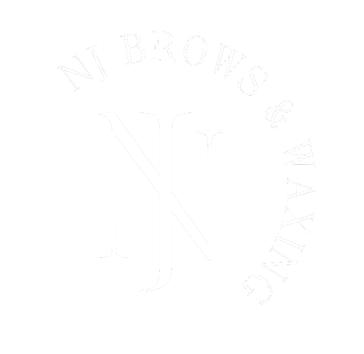 Logo with the words "NJ Brows & Waxing" arranged in a circular pattern around stylized initials "NJ" in the center, all in white on a black background.