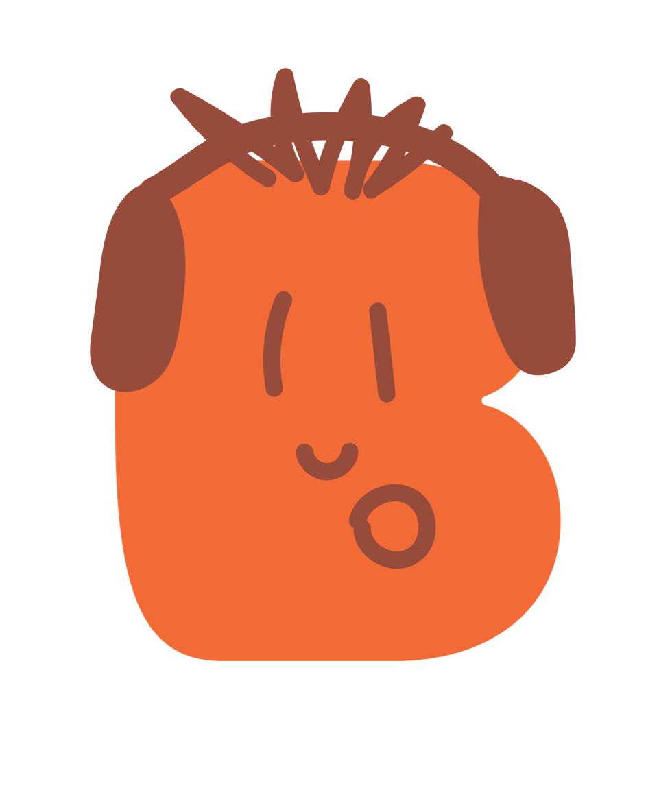 A cartoon illustration of a dog with a body shaped like the number three, featuring brown ears, a face with two vertical lines for eyes, a simple smile, and a small circle for the nose.