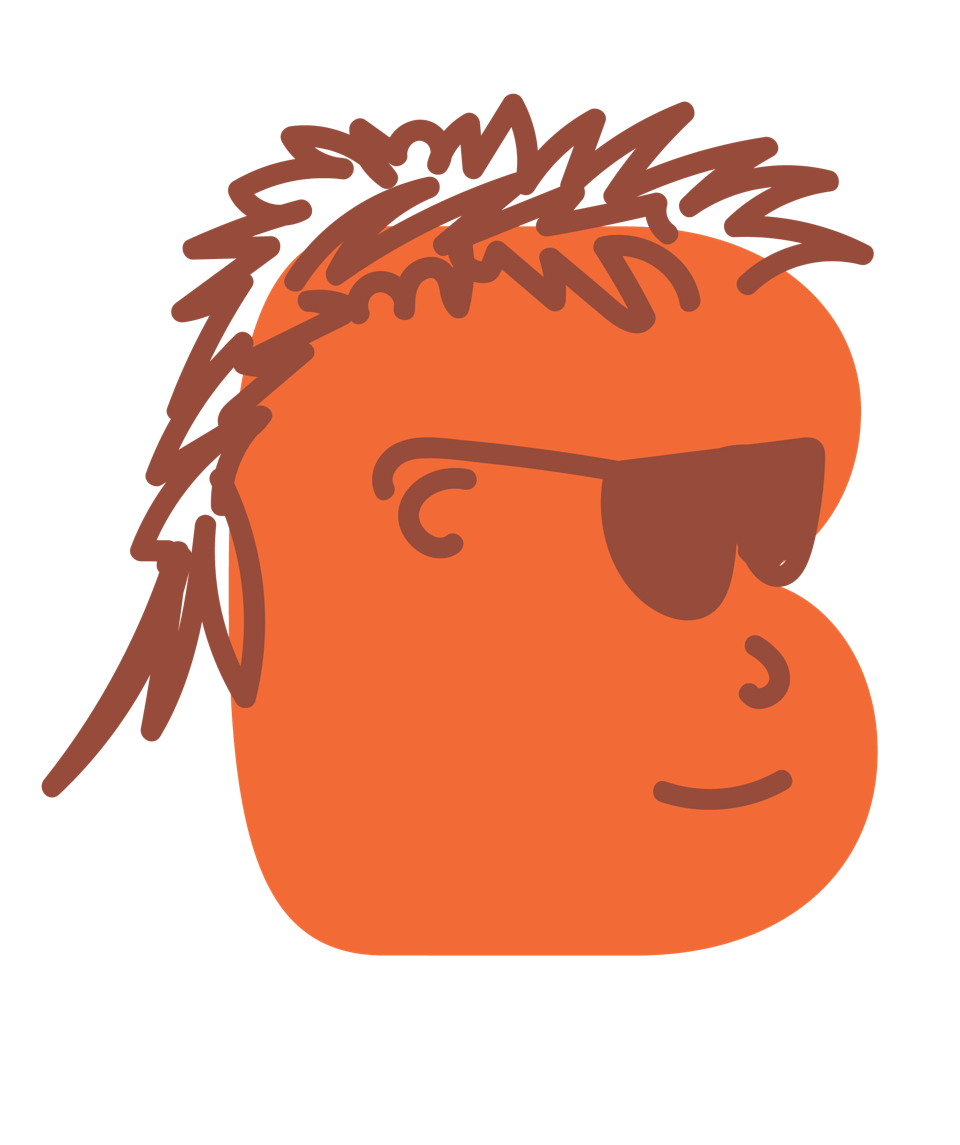 Cartoon illustration of a person's head with orange skin, spiky hair, wearing sunglasses, and smiling.