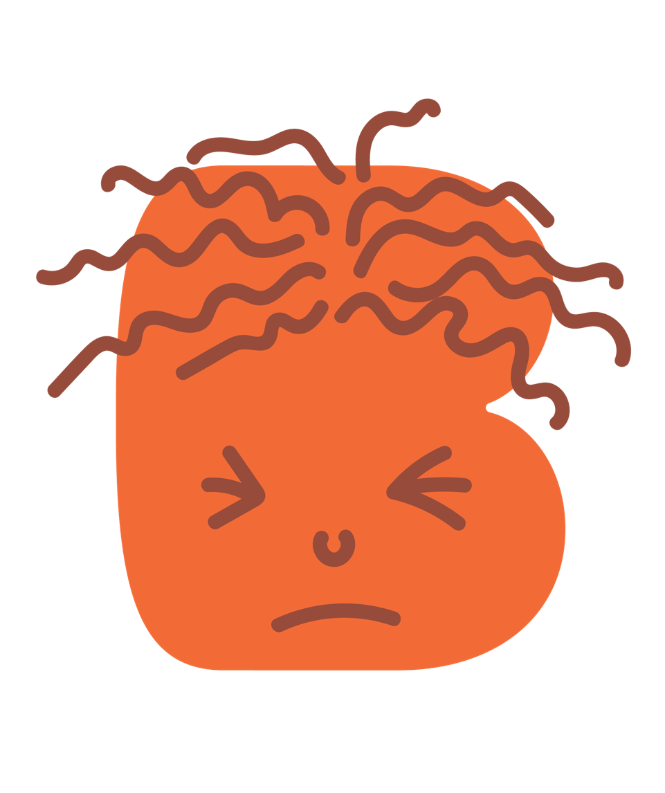 Cartoon illustration of an angry orange pumpkin with a frowning face and curly, hair-like tendrils on top.