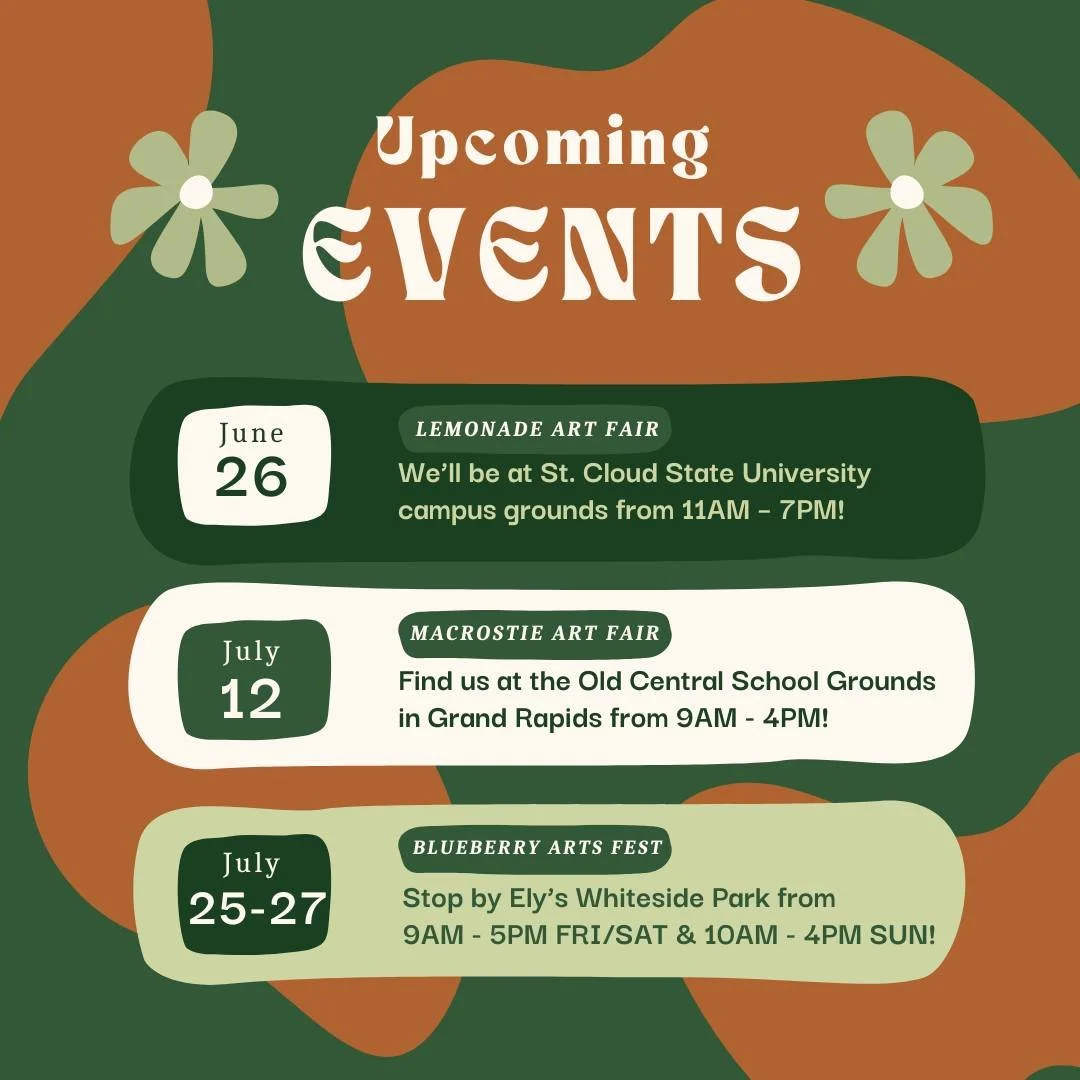 We have so many great events coming up this summer! Next up are the @stcloudstate Lemonade Concert and Art Fair, the @macrostieart Downtown Art Fair, and the @elychamberofcommerce Blueberry Arts Fest with the fantastic @whisperingpinepaintings! We ho