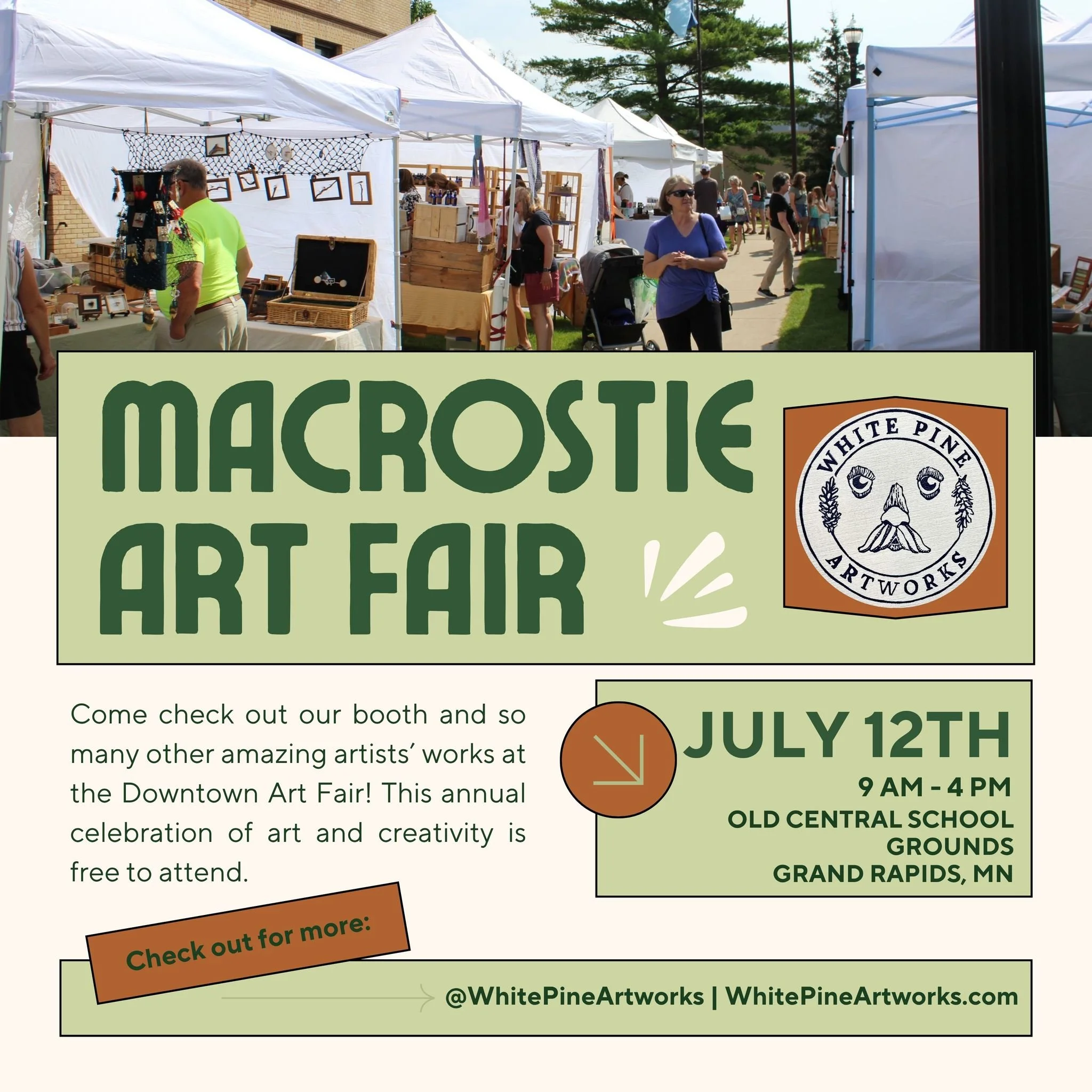 Tomorrow, Saturday, July 12th, we will be at the MacRostie Art Fair on the Old Central School Grounds in Grand Rapids! For us, this is our hometown show, it feels so exciting to be a part of such an amazing community in the Northwoods! Find us at boo