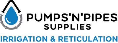 Pumps and Pipes logo with water droplet and irrigation icon, text 'IRRIGATION & RETICULATION' in blue.