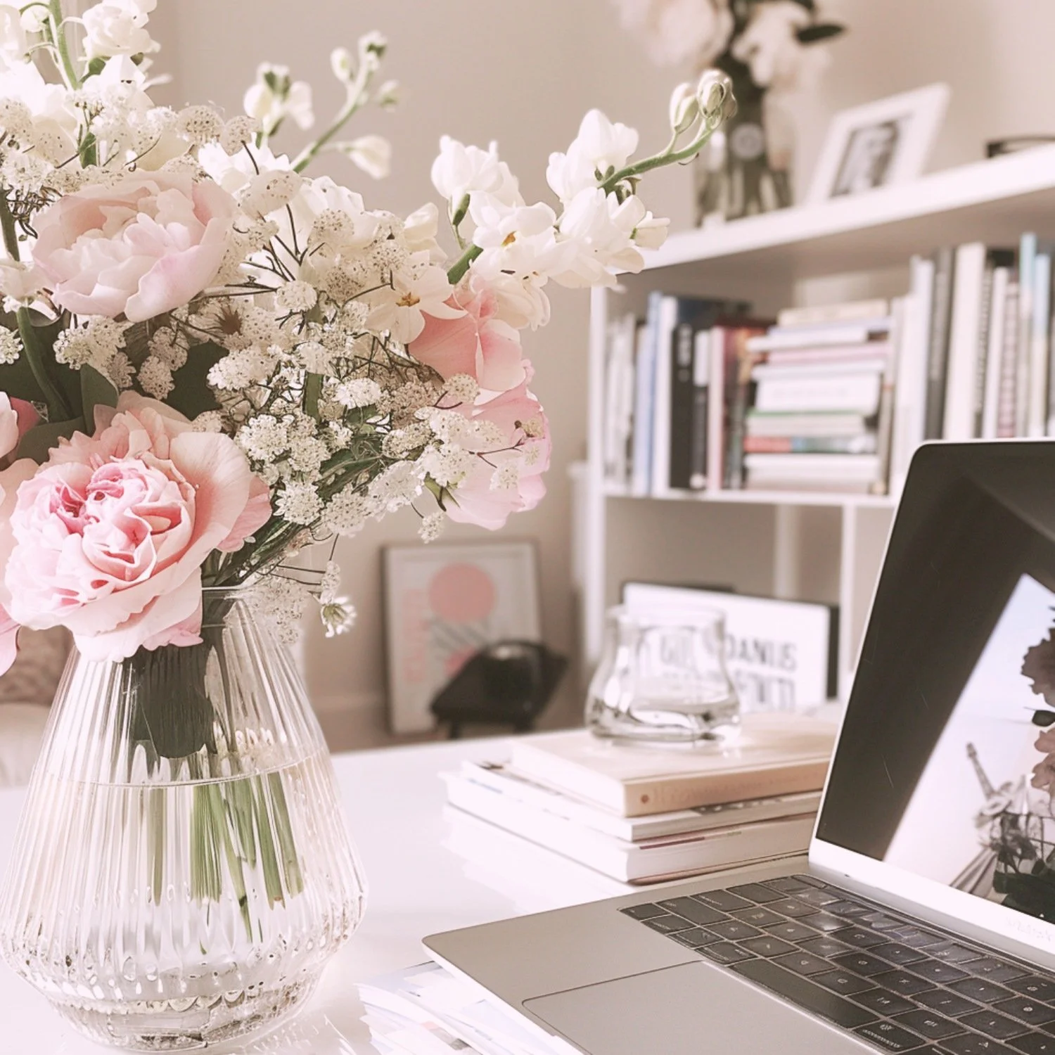 Flowers and open laptop on a desk