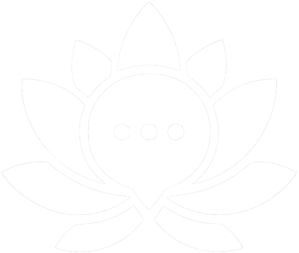 Black and white illustration of a chatbot icon inside a lotus flower or similar petal arrangement.