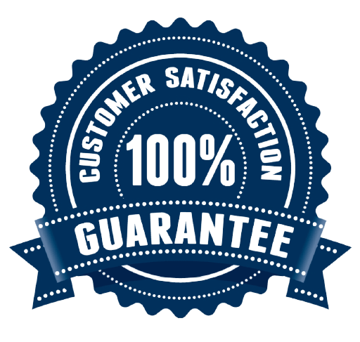 A blue circular badge with a ribbon at the bottom that reads 'Guarantee.' The text inside the badge states 'Customer Satisfaction 100% Guarantee.'