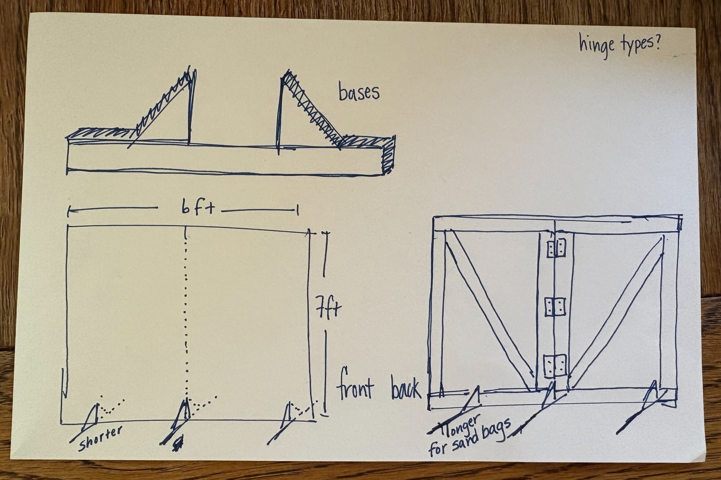 Hand-drawn sketches of a portable sandbag bridge with labeled dimensions, hinge types, and construction details, including side and front views, and notes about shorter legs and longer supports for sandbags.