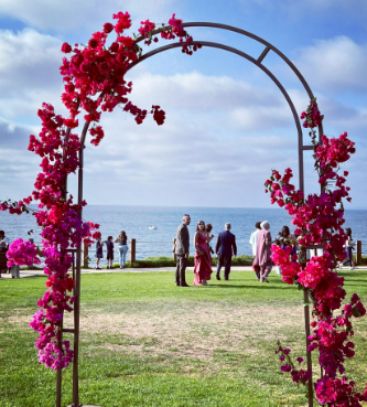 Flowered garden arch with pink blossoms overlooking a harbor with people, boats, and a blue sky.