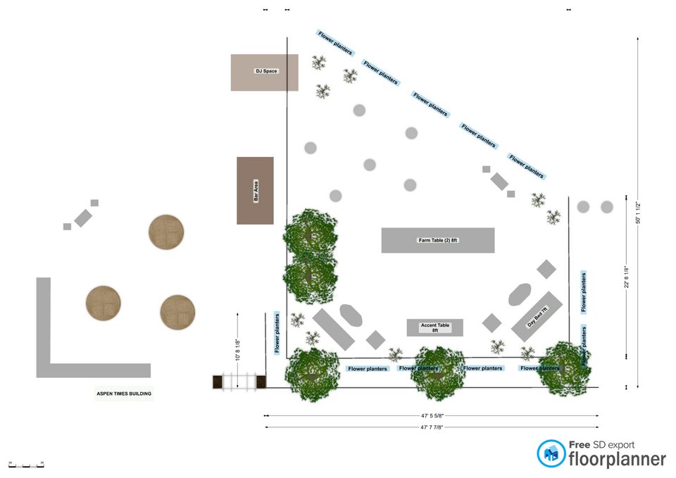Site layout plan with labeled features including a DJ space, bar area, farm table, accent table, several flower planters, and multiple trees, with dimensions and an arrow marking the Aspen Times building.
