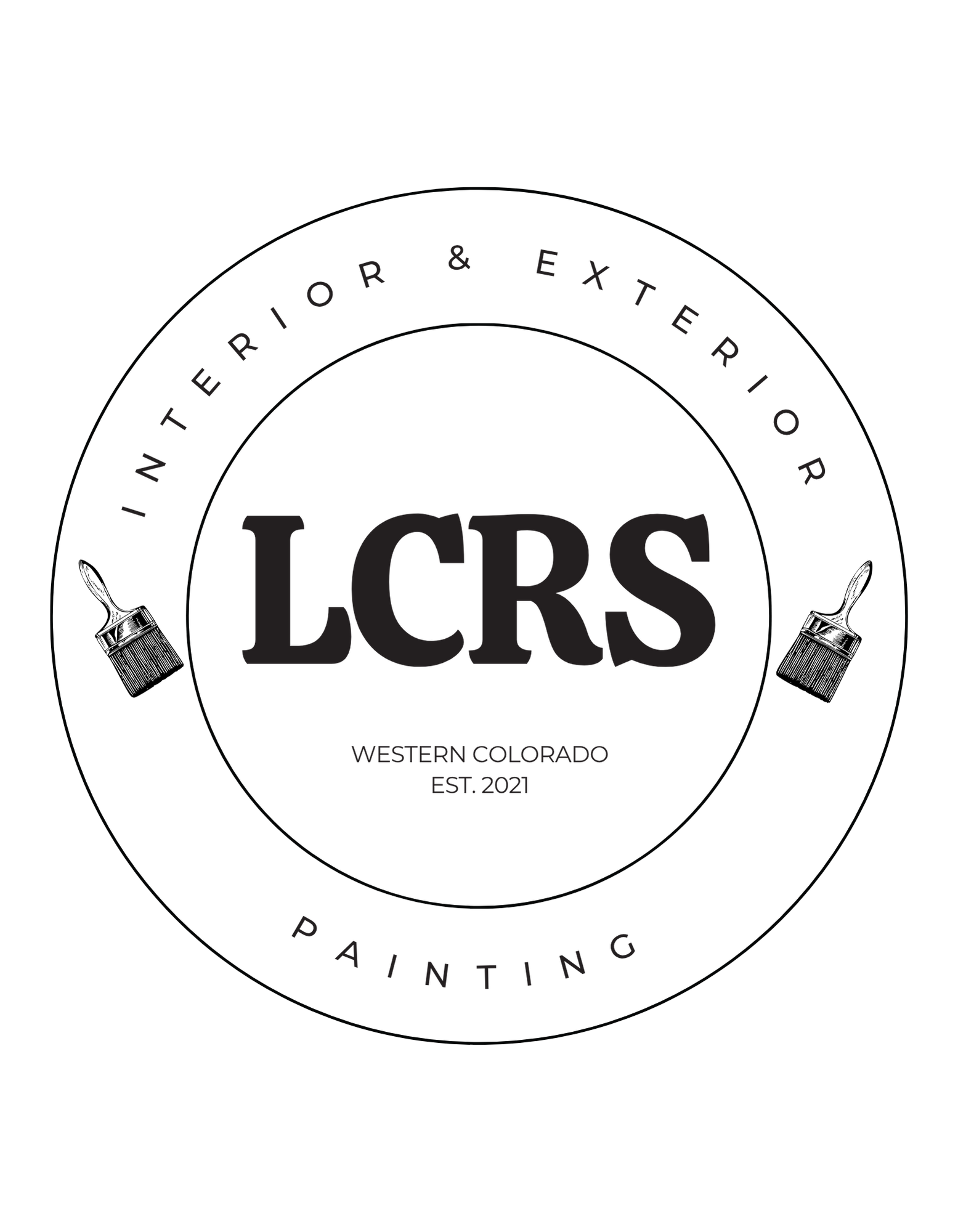 Logo for Interior & Exterior Painting LCRS, based in Western Colorado, established in 2021, with black text and circular design.