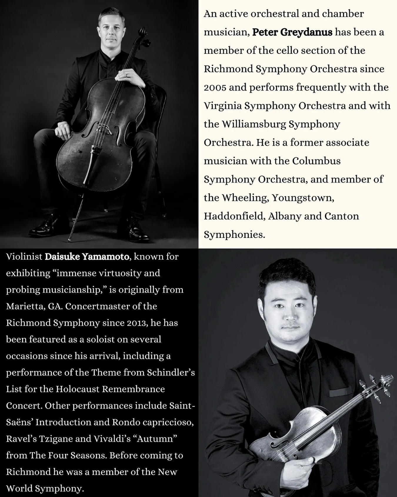 Meet the Musicians! Peter Greydanus and Daisuke Yamamoto take the stage this Sunday at our season opener, Sonic Waves. Secure your tickets now at richmondchamberplayers.org

#rva #rvaweekendevents #rvaweekend #richmondva #rvamusic #rvaconcert