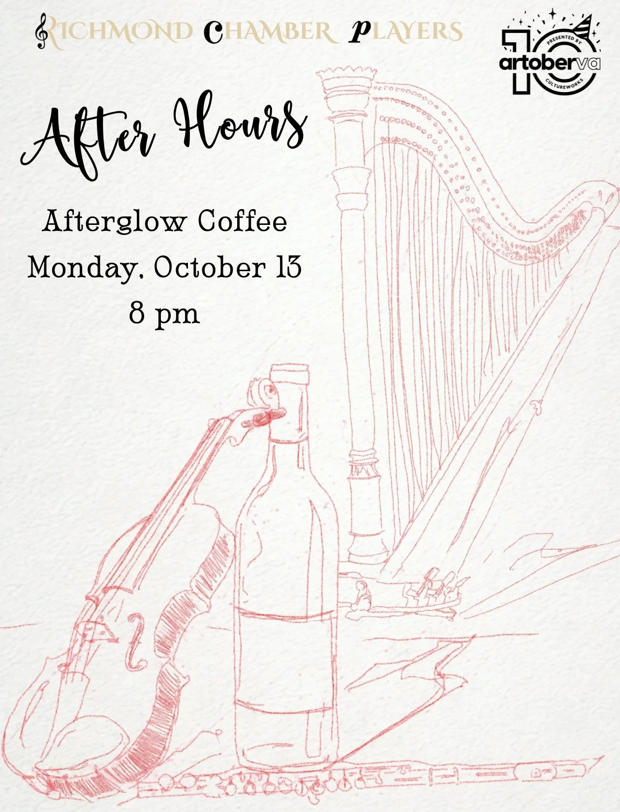 Mark your calendars for a cozy night of music + wine at Afterglow Coffee Cooperative next month! 🍷🎶 Come hang with us as part of #artoberva 
🎟️ Tickets: richmondchamberplayers.org
🎨 Poster art by @birdhouseprint
