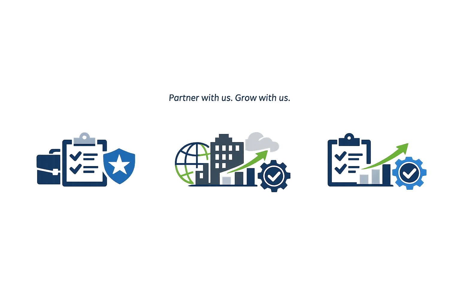 A digital graphic with icons representing data security, analytics, and growth, including bar charts, a globe, and check marks, with the text 'Partner with us. Grow with us'.