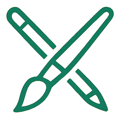 OceanEdge Creative Icon of a paintbrush, pen, and pencil crossed over each other.