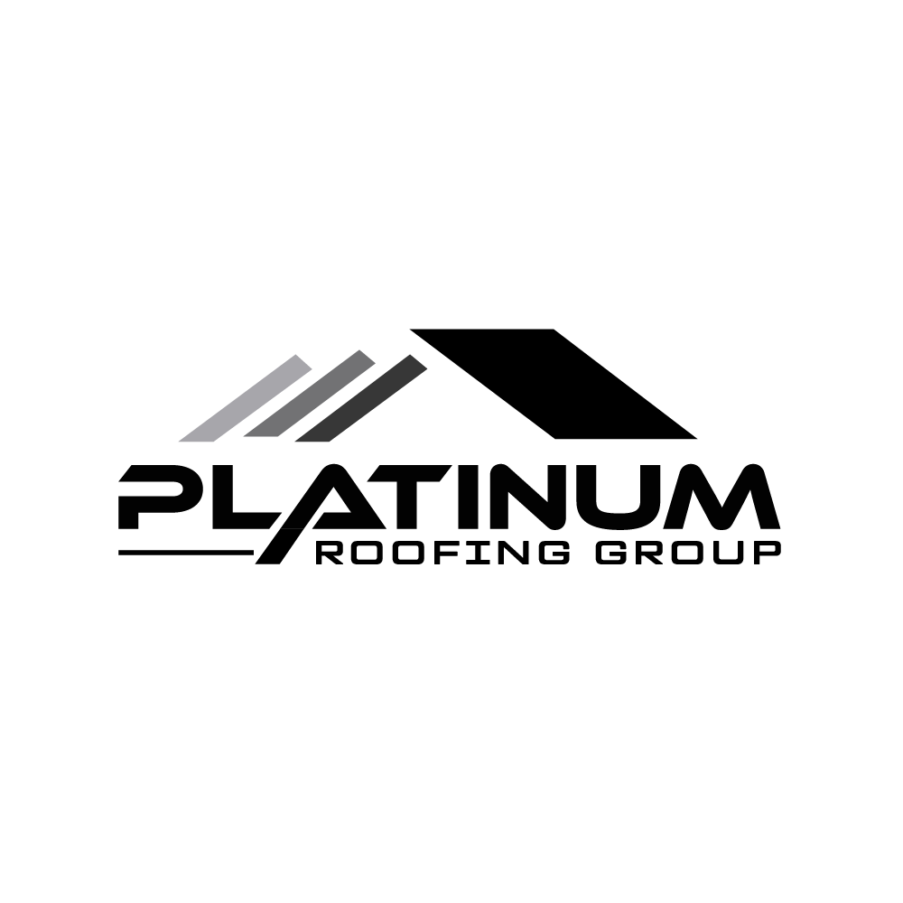 Black and gray logo for Platinum Roofing Group, featuring stylized roofing elements above the company name.
