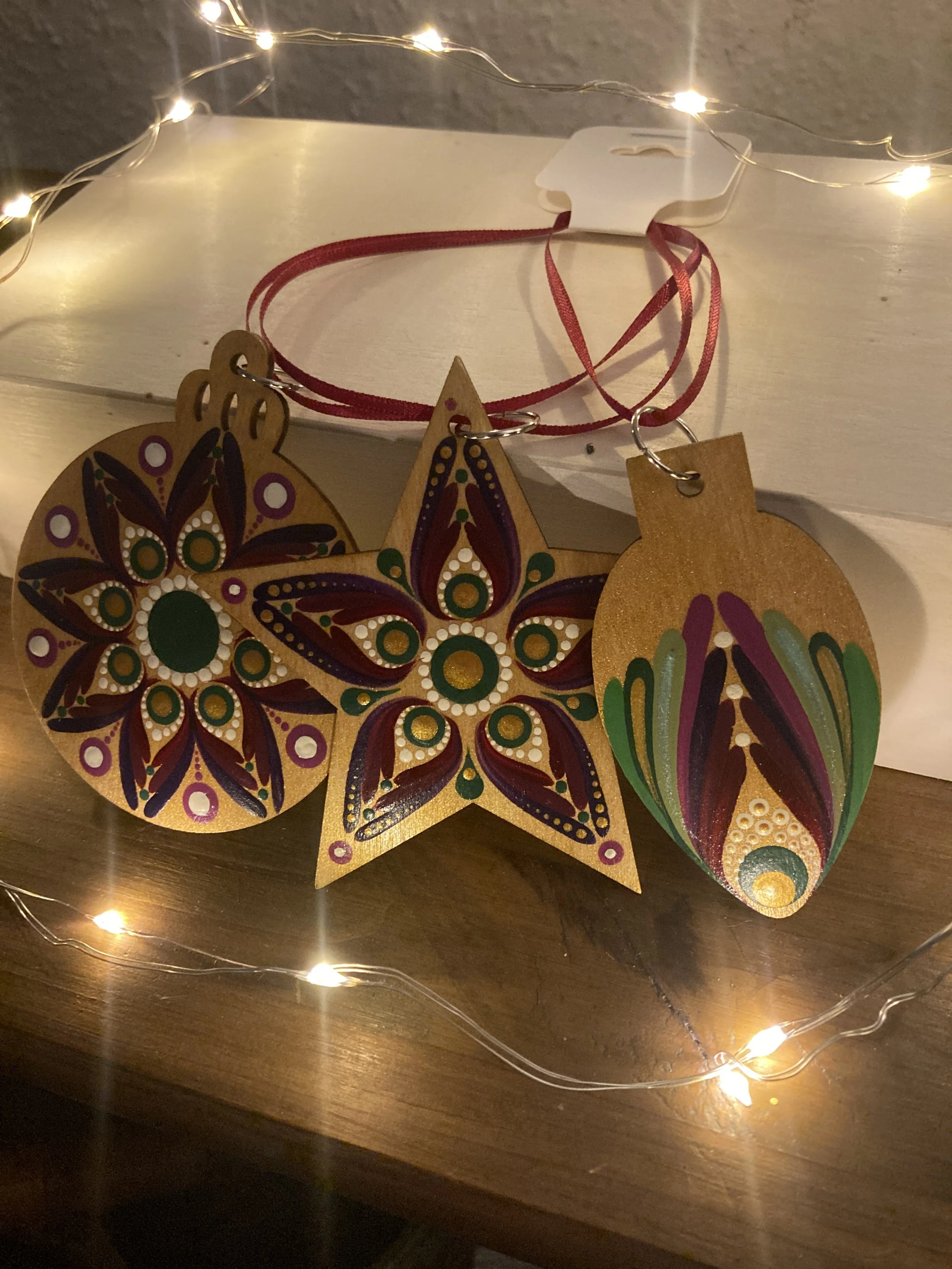 Trio of Christmas Tree Decorations - Claret, Green and Gold