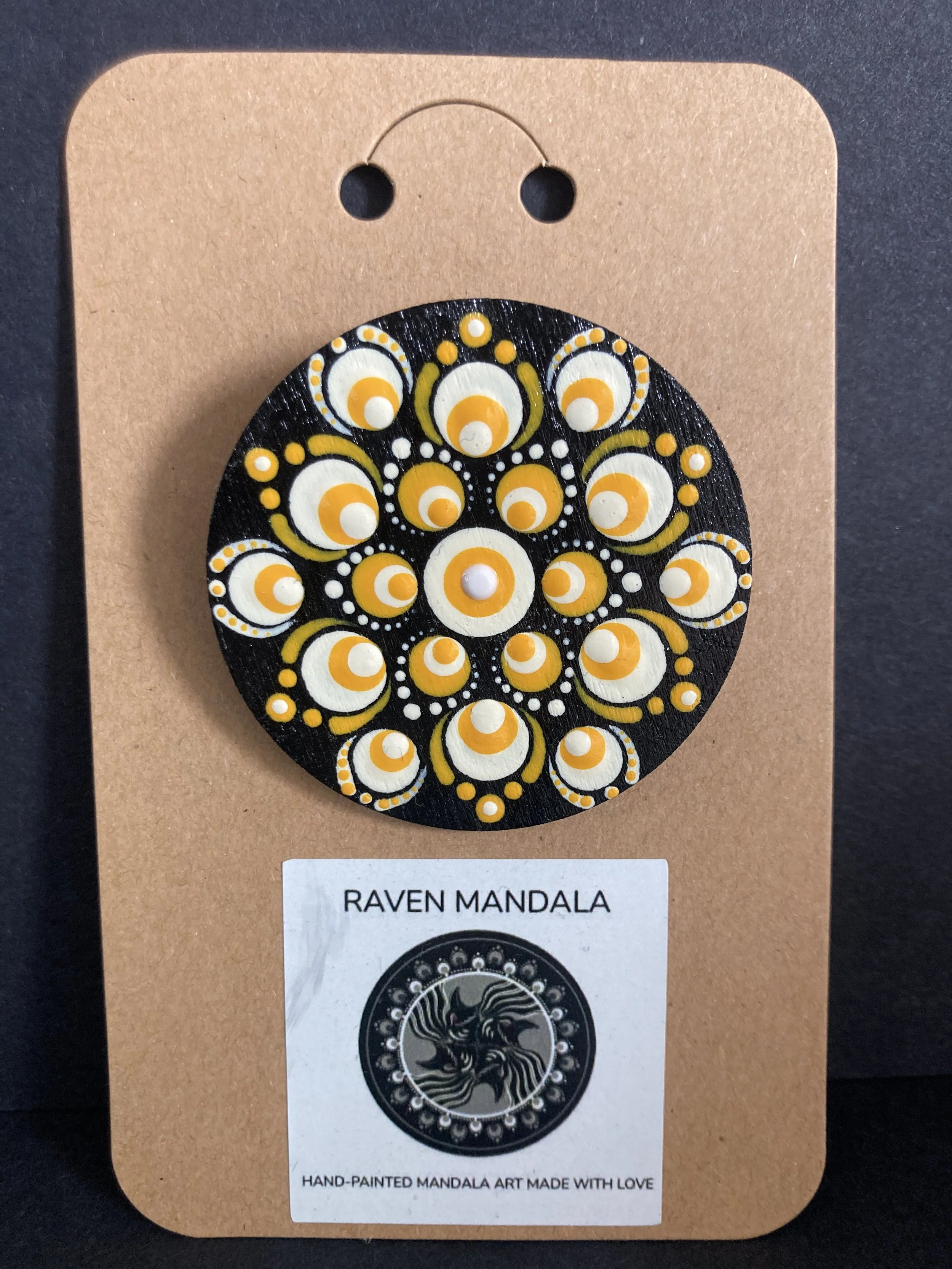 Yellow and White Wooden Mandala Brooch