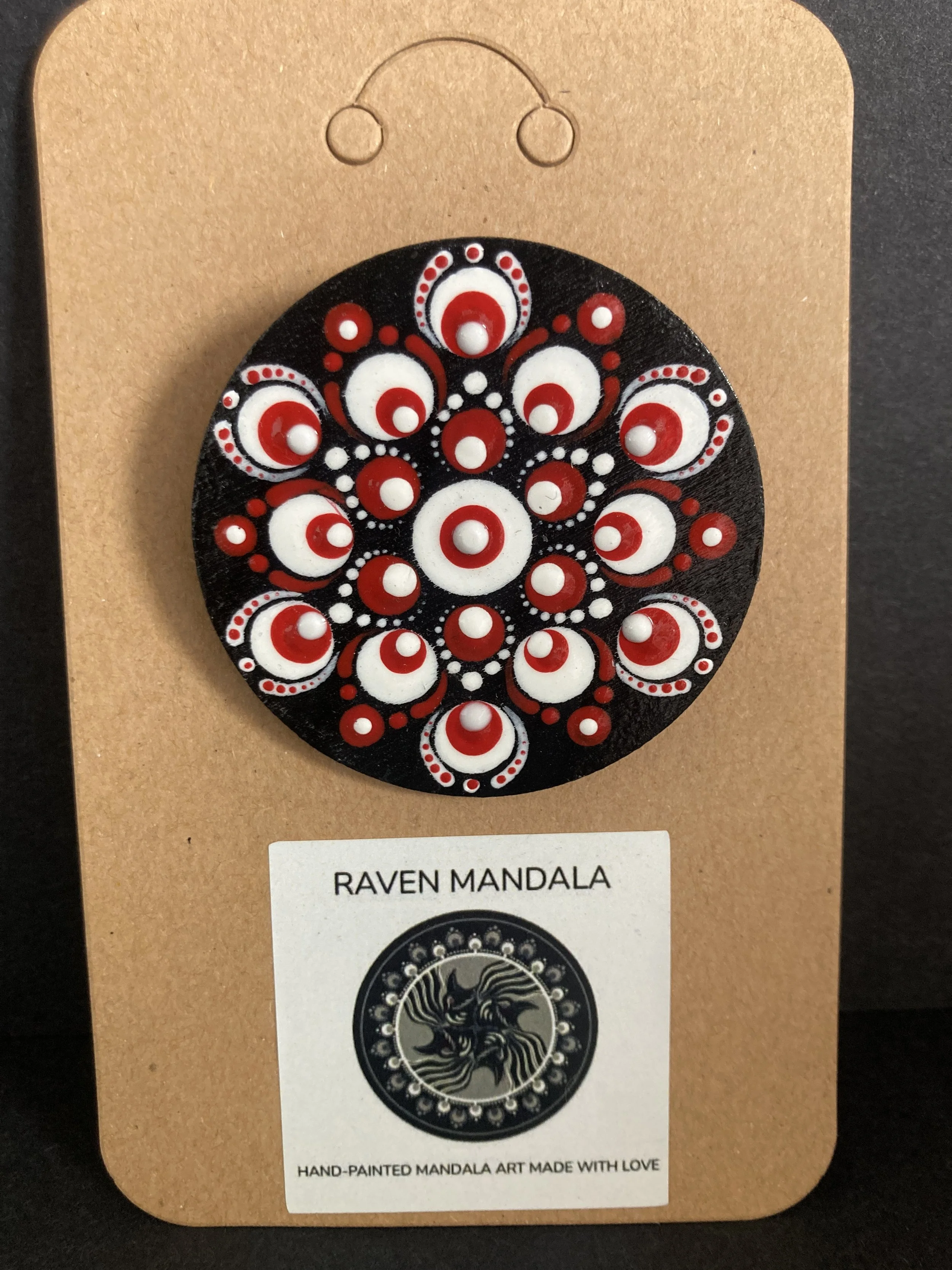 Red and White Wooden Mandala Brooch