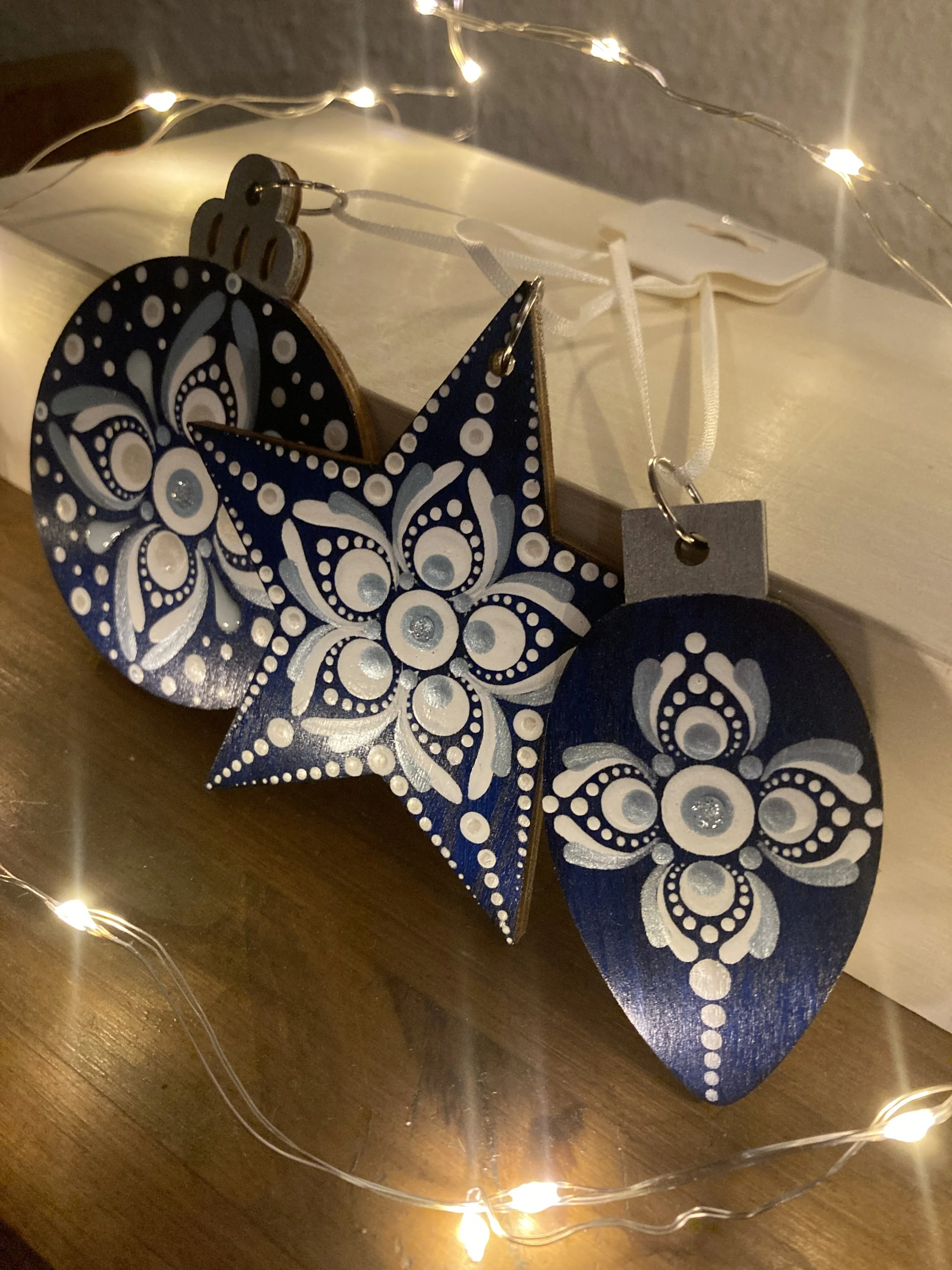 Trio Of Tree Decorations - Blue, White and Silver
