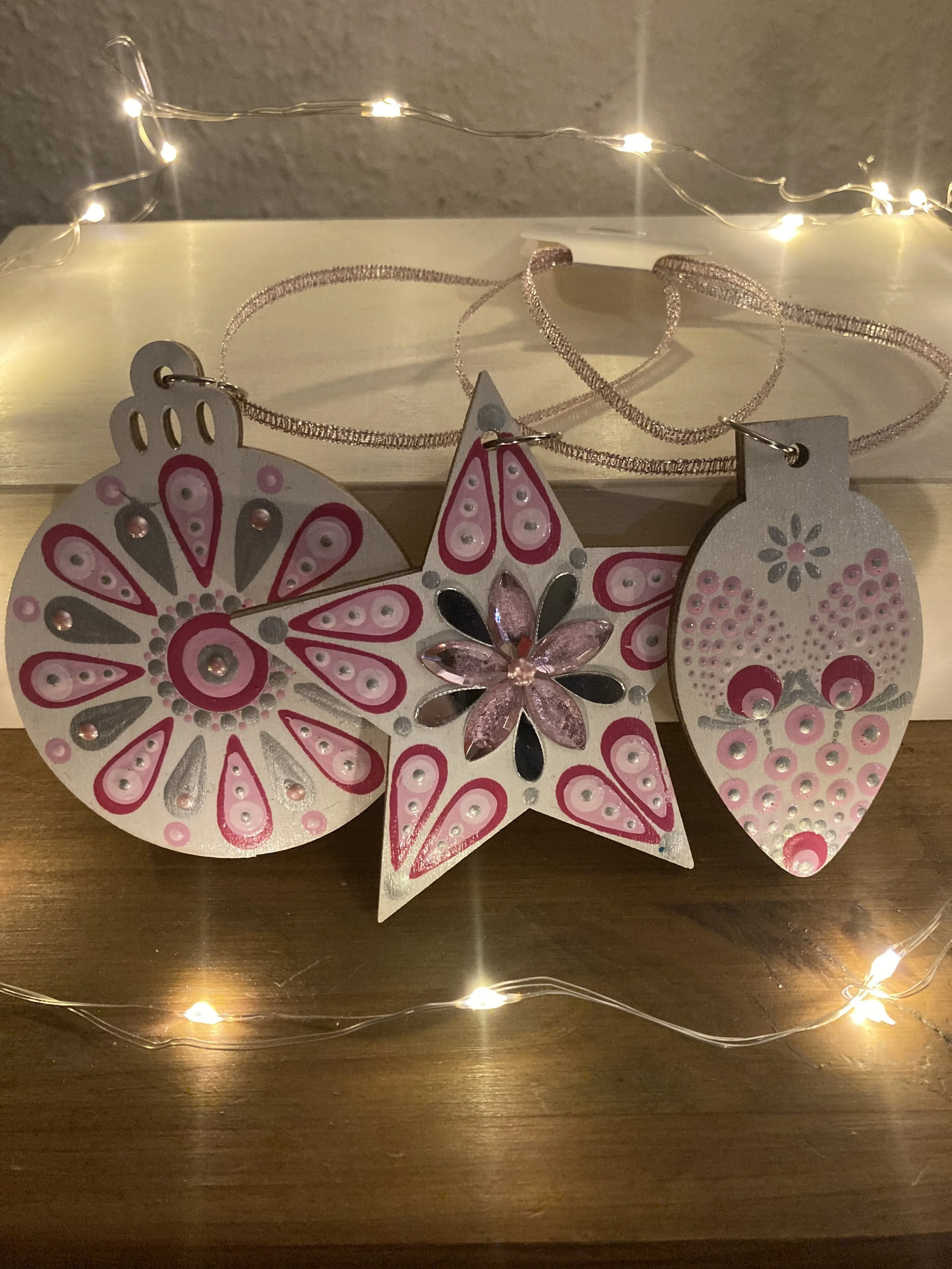 Trio of Christmas Tree Decorations - Pink, White and Silver