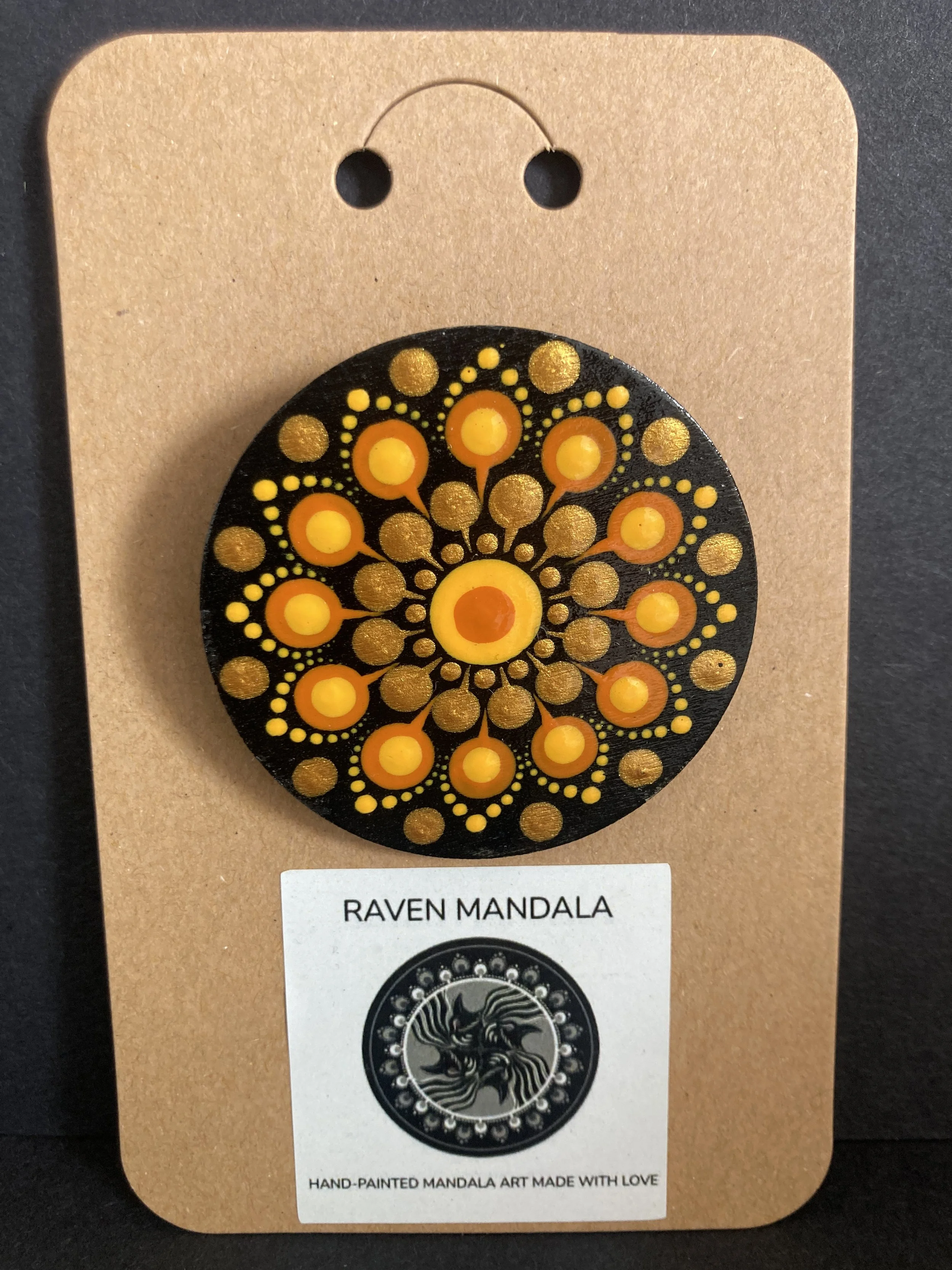 Orange, Yellow and Gold Wooden Mandala Brooch