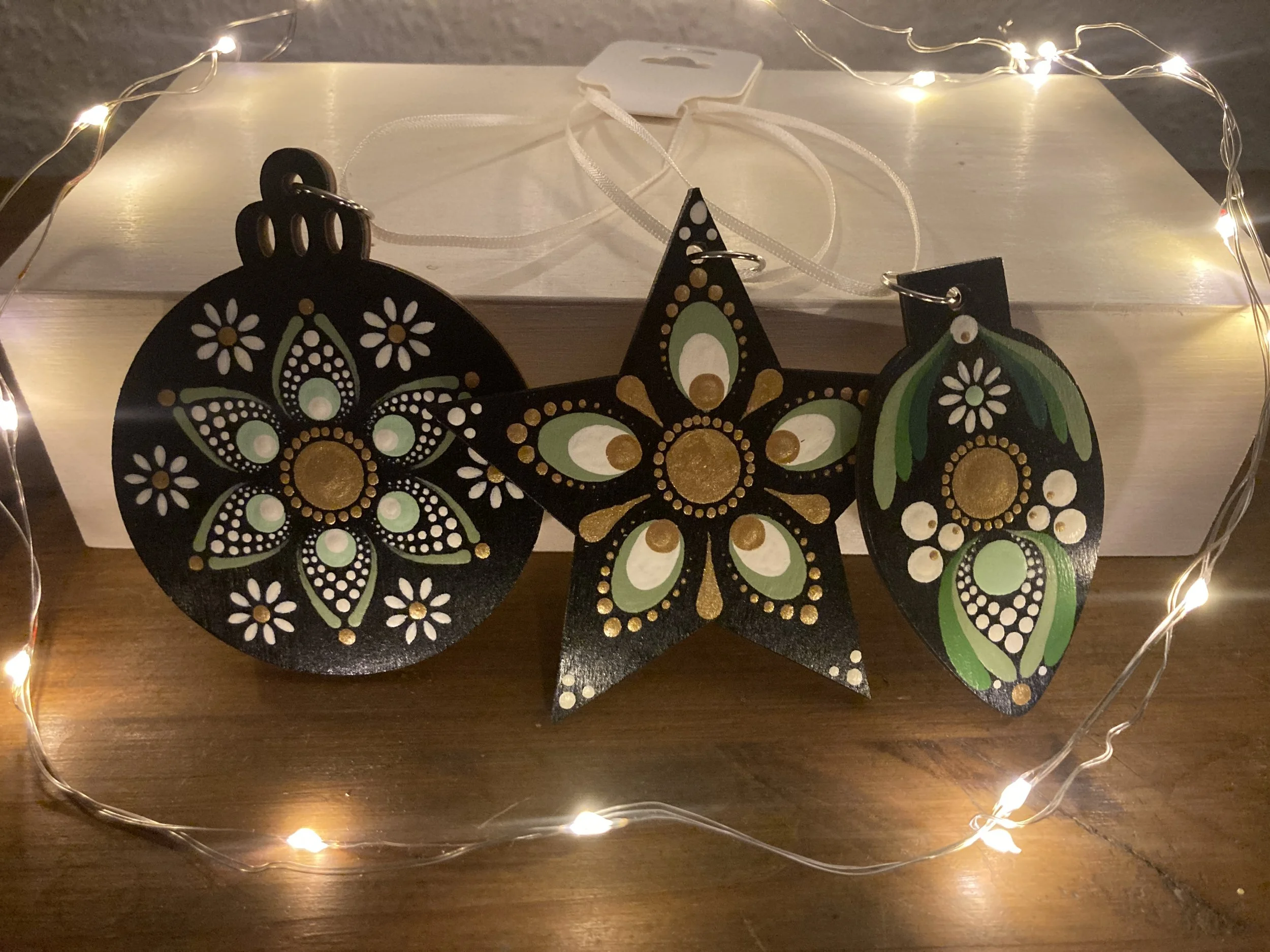 Trio of Christmas Tree Decorations - Green, Ivory and Gold