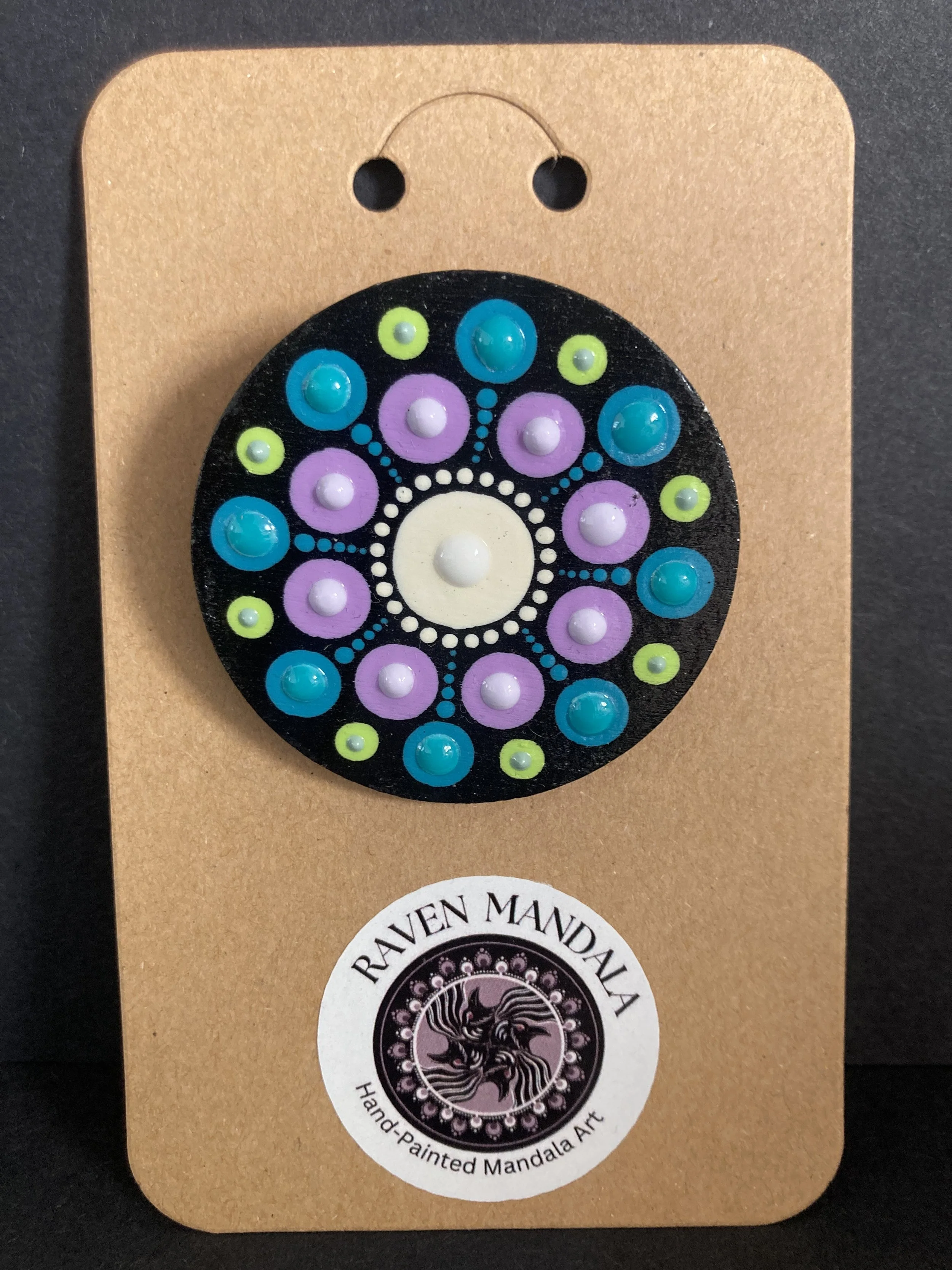 Lilac, Turquoise and Green Wooden Mandala Brooch