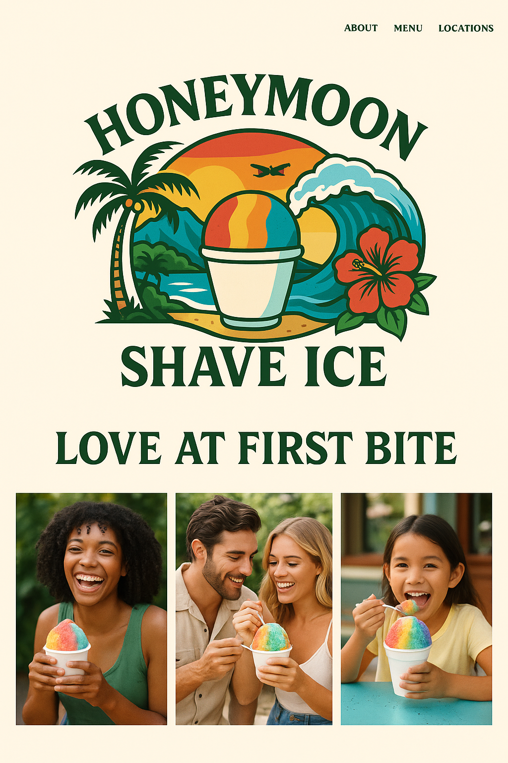 A sign for Honeymoon Shave Ice featuring a tropical scene with a palm tree, a mountain, the ocean, a sunset, a wave, a hibiscus flower, and a shaved ice cup. Below are photos of three people enjoying rainbow-colored shave ice.