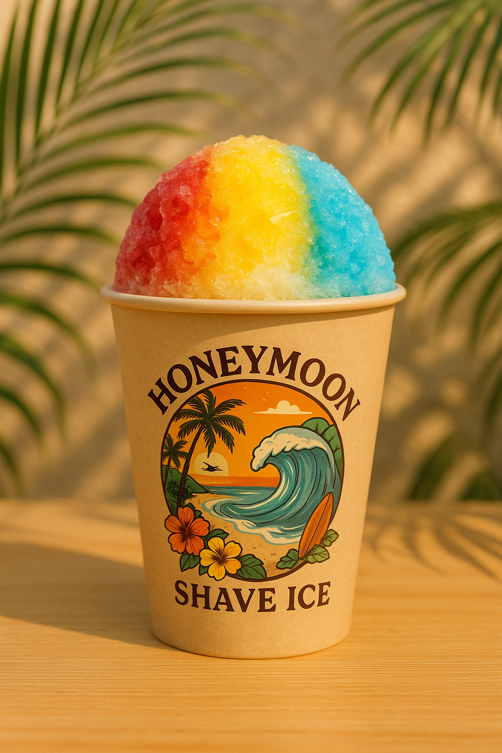 Colorful shaved ice in a paper cup with a tropical beach scene and the words "HONEYMOON SHAVE ICE" printed on it, set against a background of palm leaves.