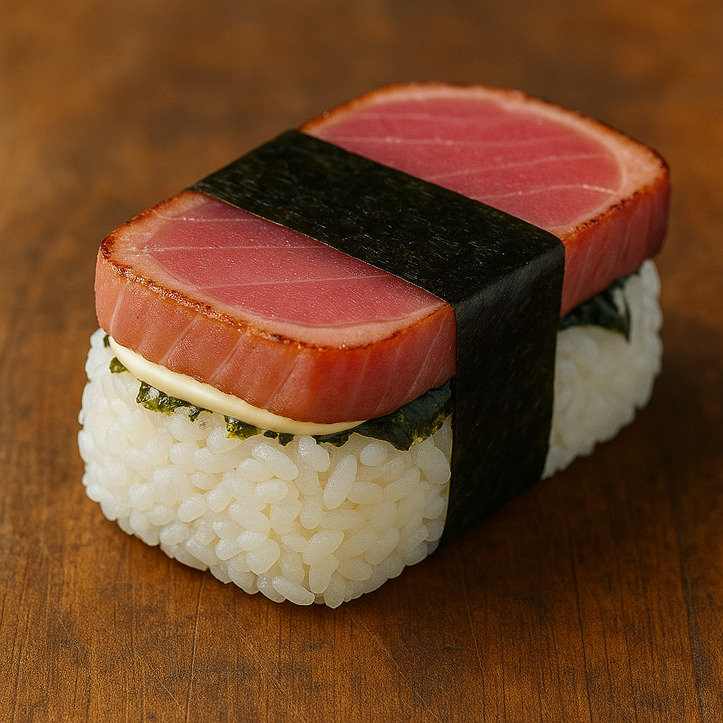 Musubi topped with seared tuna, nori seaweed, rice, and a bit of kewpie mayonnaise.