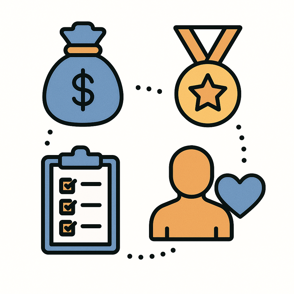 Icons representing money, a medal, a checklist, and a person with a heart, suggesting themes of achievement, reward, and personal well-being.